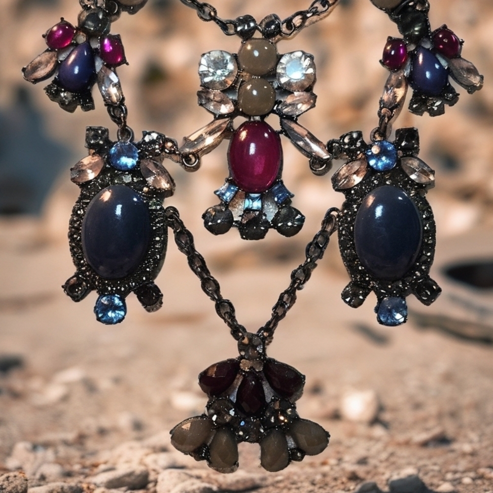 Bold Statement  Multi-Color Gemstone Necklace, Silver Tone